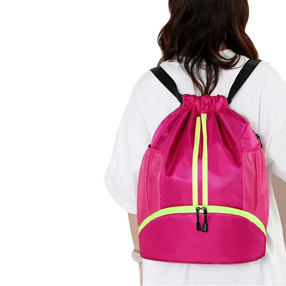 Water Resistant Drawstring Backpack Sports Gym Sackpack with Shoe Compartment Rose Red